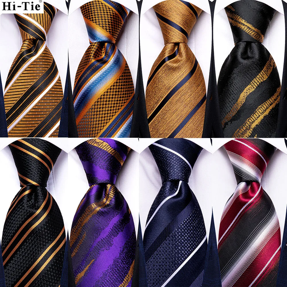 Hi-Tie Striped Necktie Gold Blue Silk Wedding Tie For Men Fashion Design Gift Men Hanky Cufflink Set Business Party Dropshipping