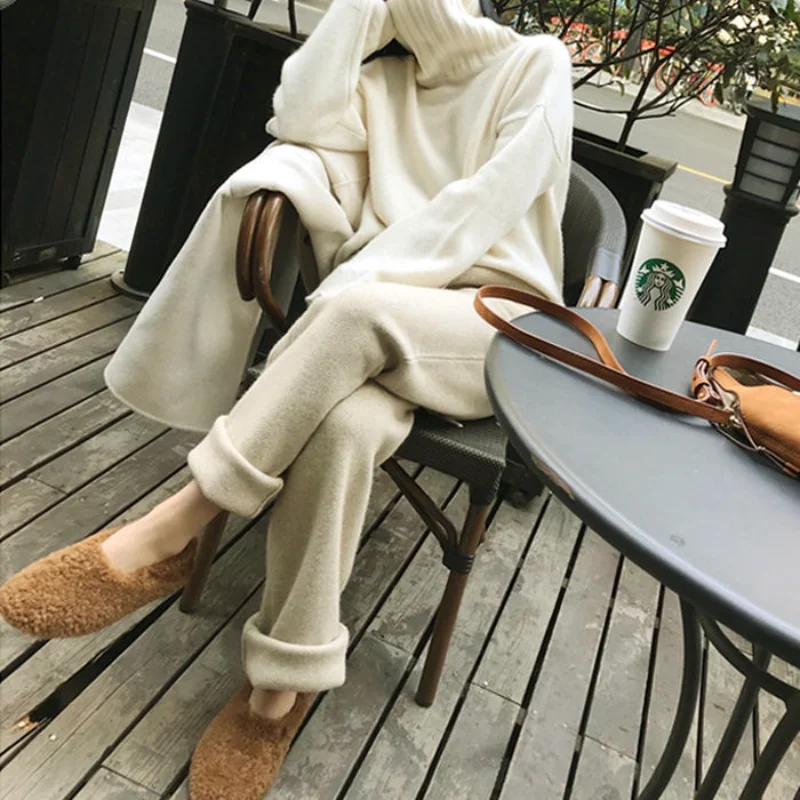 

Plus Size 4XL Woolen Wide Leg Pants Women Spring Antumn New Korean Student High Waist Straight Casual Trousers Baggy Sweatpants