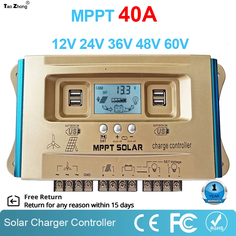 40A Wind Solar Hybrid Controller MPPT LCD Dual USB 12V 24V 36V 48V 60V Battery Charging Regulator