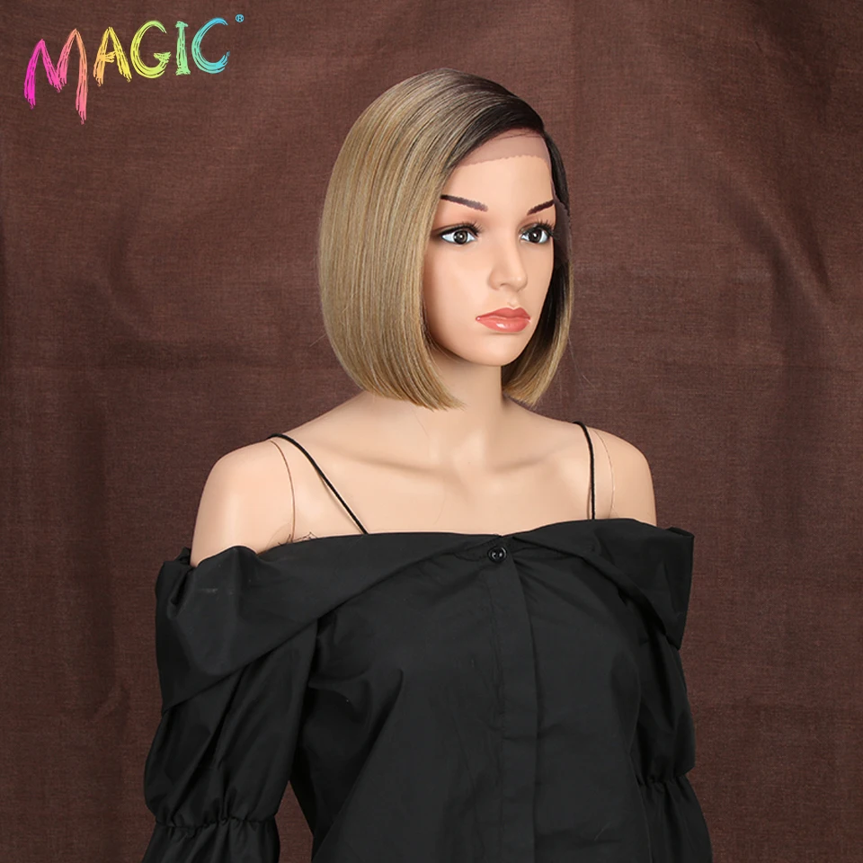 Magic Synthetic Lace Wig Bob Wig 10 Inches Short Straight Hair Wig For Black Women Side Part Heat-Resistant Fiber Lace Bob Wig