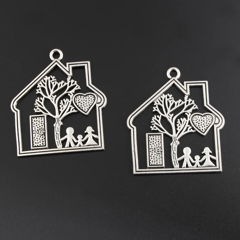 4pcs Silver Color 59x52mm Love House Charms Dad Mom Child Family Home Pendant Fit DIY Handmade Jewelry Making Finding Supplies