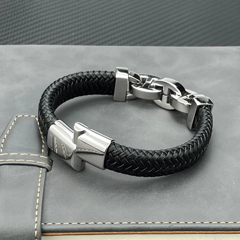 Punk Men Jewelry Genuine Leather Braided Bracelets Black Interlocking Stainless steel Black Beads Bracelets Fashion Male Bangle