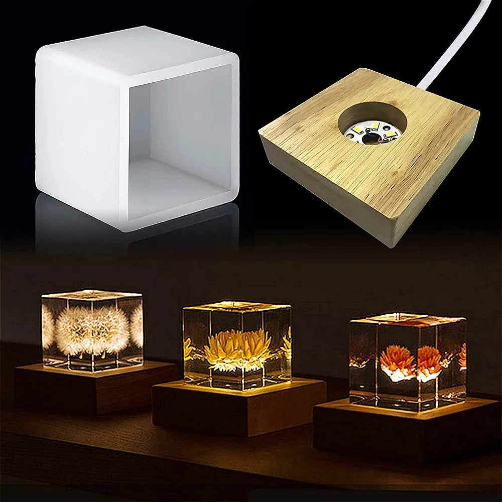 New Square Light Resin Mold,Led Silicone Molds For Resin Silicone Molds With Wooden Lighted Base Stand For Resin Art,Home Decor