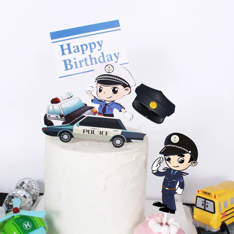 Boys Happy Birthday Cake Topper Police Car Anniversaire Decorationg Flag Party DIY Baking Supplies Cupcake Toppers Baby Shower