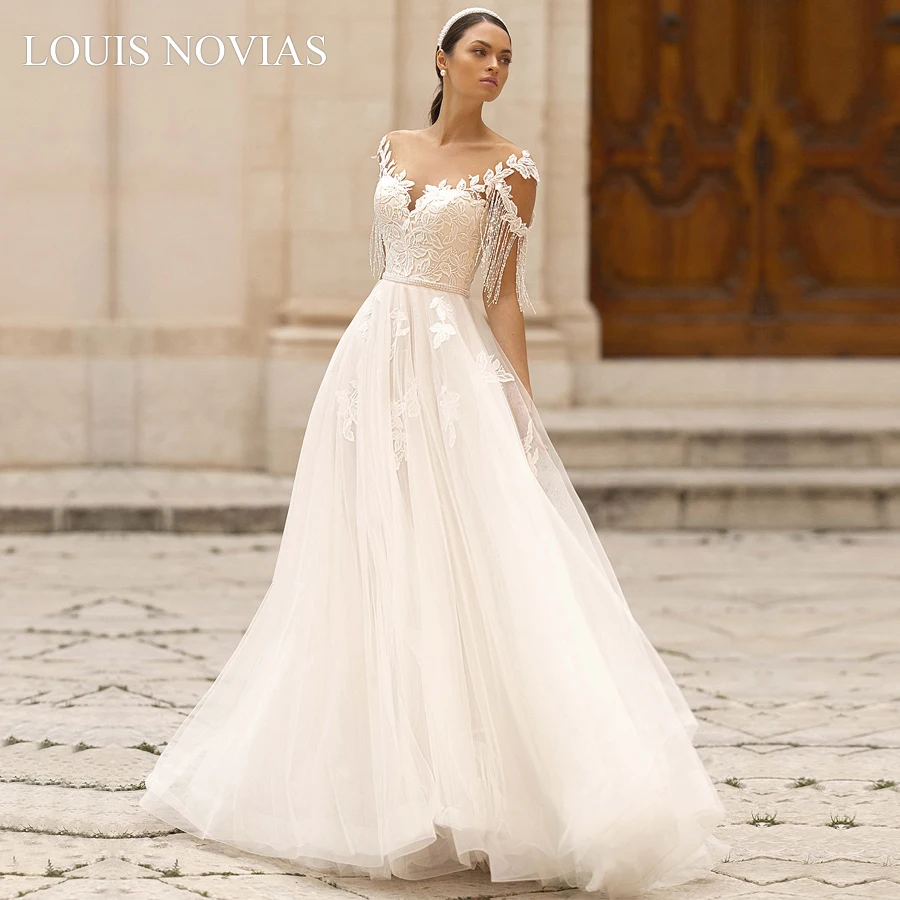 Louis Novias A Wedding Dress 2020 Sexy V-Neck Beaded Cap Sleeve Luxury Embroidered Dress Vestido De Noiva Custom Romantic Dress