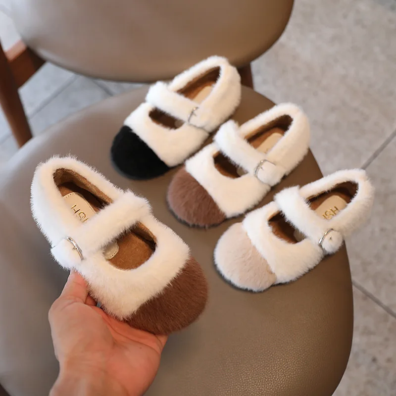 Simple High Quality Soft Children Winter Shoes for Girls Princess Chic Sweet Warm Cotton Fluffy Fur Mary Janes Kids Casual Flats