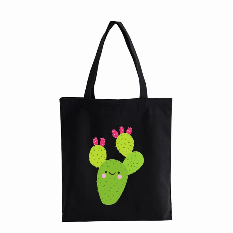 Bolso de compras reutilizable con estampado de Cactus para mujer, bolsa de lona con estampado de dibujos animados, ecológico, bolso de hombro plegable