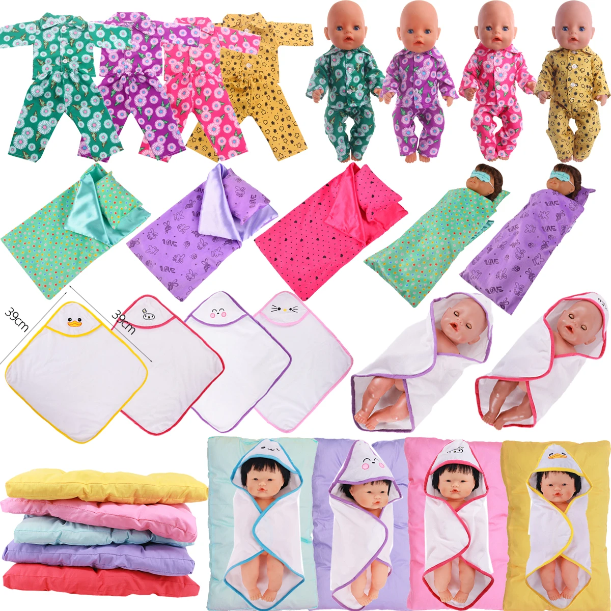 Doll Accessories Flower Pajama,Sleeping Bag,Mattress,Blanket,Fit 36Cm,43cm Baby Doll And Doll Clothes,Generation Play Toy,Gift