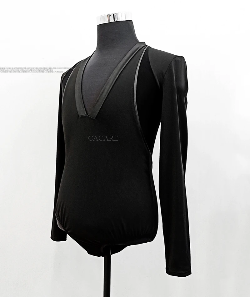 Leotard Bodysuit Mens Shirts for Latin Ballroom Dance Competition Top Practice Wear D0838 PU Collar Mesh Sleeve S-2XL CACARE