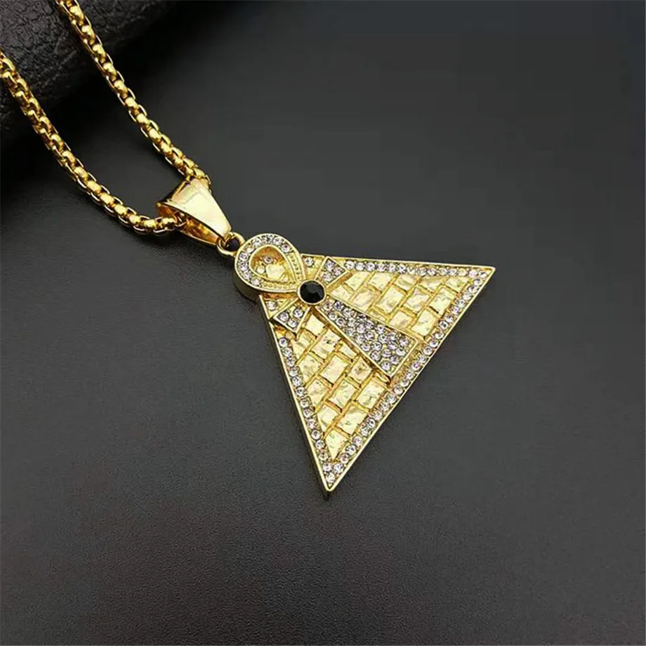 Hip Hop Egyptian Pyramid Ankh Cross Pendant Necklace Stainless Steel Gold Color Iced Out Zircon Bling Charm Jewelry Dropshipping