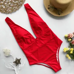 2021 Summer Women Sexy Swimwear One Piece Swimsuit Deep V Bikini Backless Monokini Beach Bathing Suit Pure Color