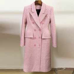 HIGH STREET Newest 2024 Fall Winter Fashion Designer Overcoat Women's Double Breasted Pink Houndstooth Tweed Wool Long Coat