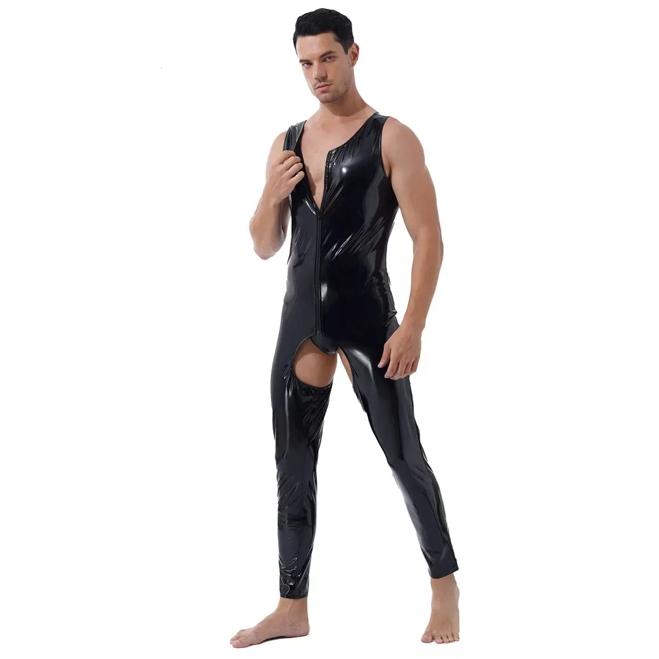 Combinaison en cuir PVC à entrejambe ouvert pour hommes, batterie en latex saillante, costume de tambour en cuir brillant, sans entrejambe, sexe