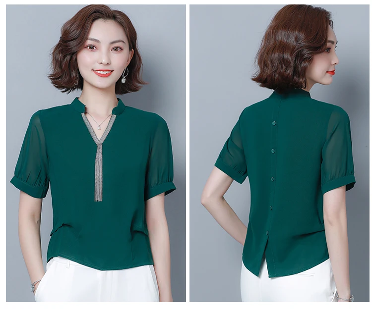 Blusa de gasa con cuello en V y borlas para mujer, camiseta informal de manga corta, lisa, talla grande, elegante, Verano