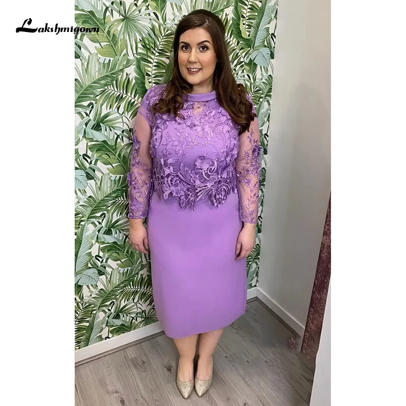 Plus Size Paars Kant Applicaties Moeder Van De Bruid Jurken Lange Mouwen Chiffon Een Line Moeder Jurken Voor Bruiloften