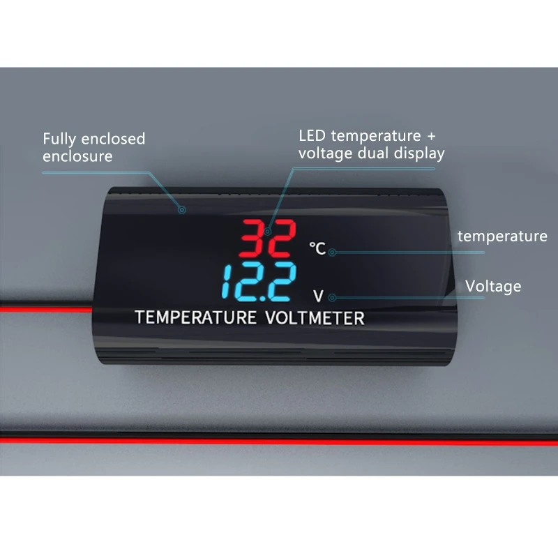 Car Motorcycle Waterproof DC 12V Voltmeter Thermometer 0.28 inch Dual Displa Voltage Temperature Meter Monitor T3EF