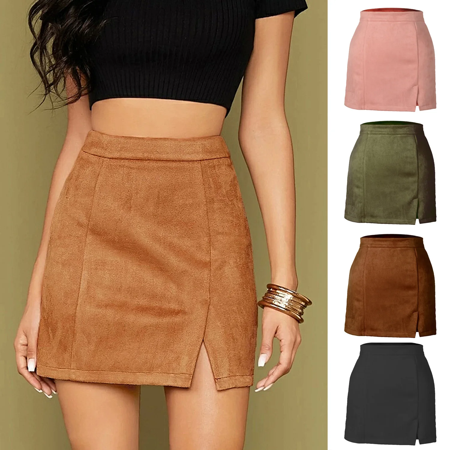 2022 Women's Suede Bag Hip Skirt High-waist Zipper Autumn/winter A Word Solid Skirt Female Mini Sexy Skirts