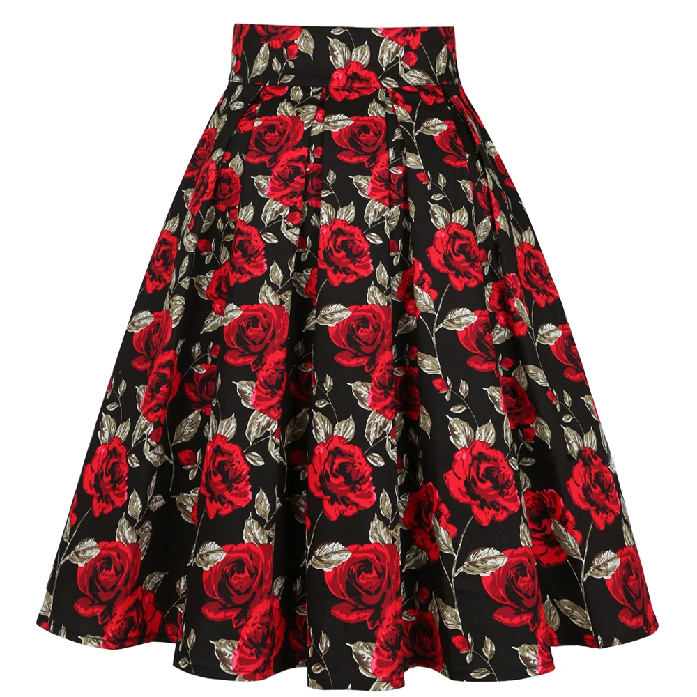 3XL High Waist Floral Rockabilly Pleated Skirts Womens Summer Red Rose Flower Bohe 50s 60s Vintage Skirt Midi Oversized Clothing