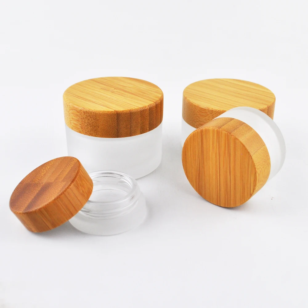 

50pcs*5g 5ml 15g 15ml small bamboo lip balm container wax logo engraving glass jar wooden lid, cosmetic clear frosted glass jar