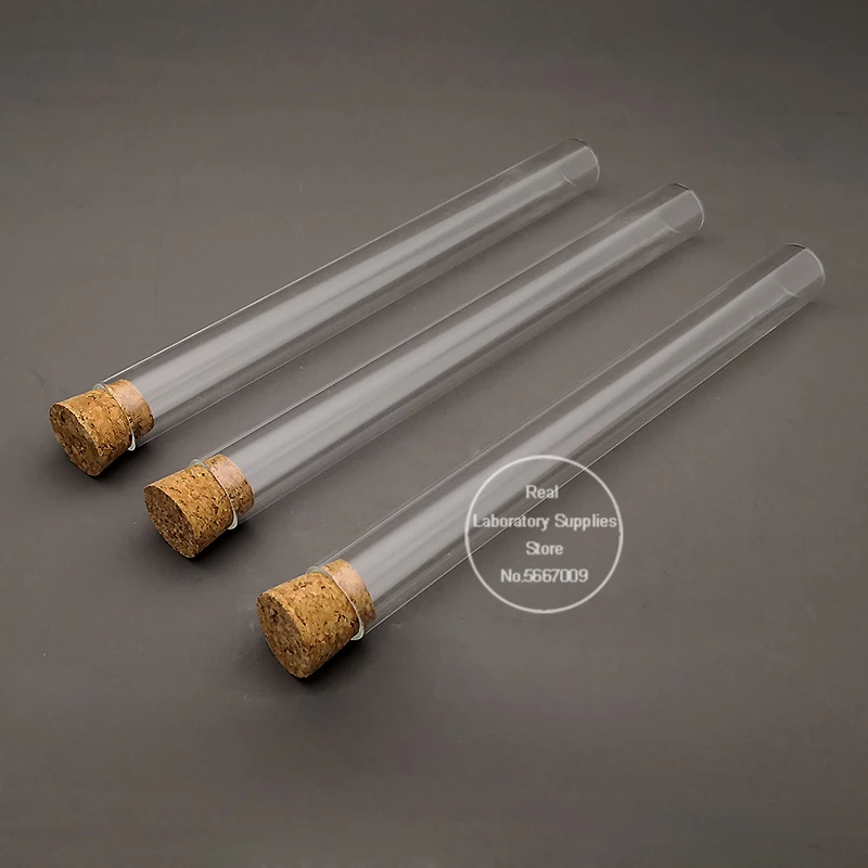 10pcs 20x200mm Flat Bottom Glass Test Tube with Cork, Lab Thickened Glass Reagent Reaction Pipes