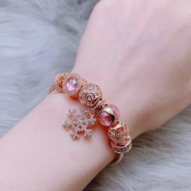 Finished Complete Rose Gold Plated Bracelet with Rose Pink Charms For Women Fit European Pandora Charm Beads Jewelry-Snowflake