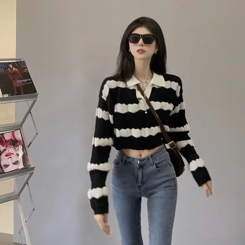 Cropped Pullovers Women 스트라이프 디자인 턴 다운 칼라 All-match Loose Preppy 심플 일본식 봄 소프트 트렌디 세련된 New