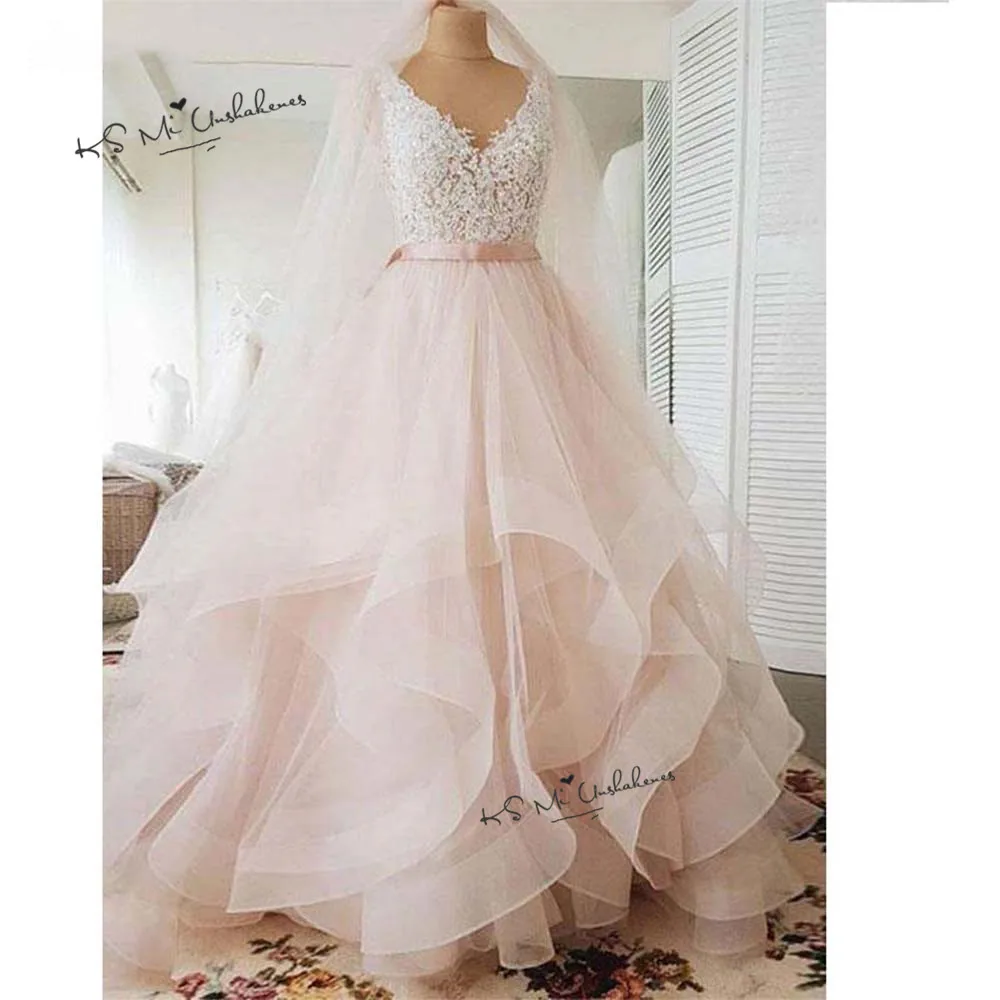 Blush Pink Vintage Wedding Dress 2020 Ruffles Tulle Princess Wedding Gowns Lace Spring Bridal Dresses Mariage Vestido de Noivas