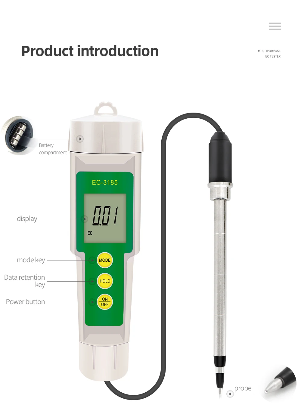 EC-3185 Waterproof EC/TDS/CF Soil Tester Soil Meter with High Quality Probe for Greenhouse Cultivation Horticulture Cultivation