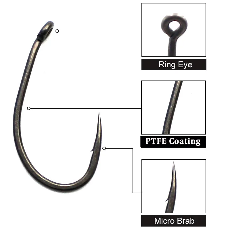 20PCS Top Class Carp Hook Kurv Shank Matte Black Coloured PTFE Carp Fishing Hook Barbed Coarse Fishing