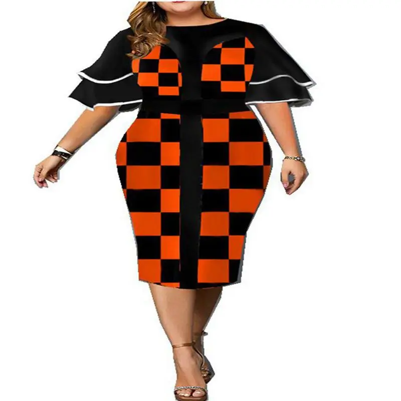 Ladies Digital Positioning Printed Plaid Dress, Sexy Bag Hip Dress, Summer Fashion, New, Plus Size, 8XL, 7XL, 6XL