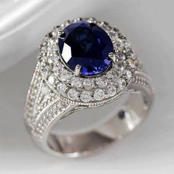 Huitan Elegant Female Party Finger Rings Oval Blue Cubic Zirconia Anniversary Birthday Gift for Mom Good Quality Fashion Jewelry
