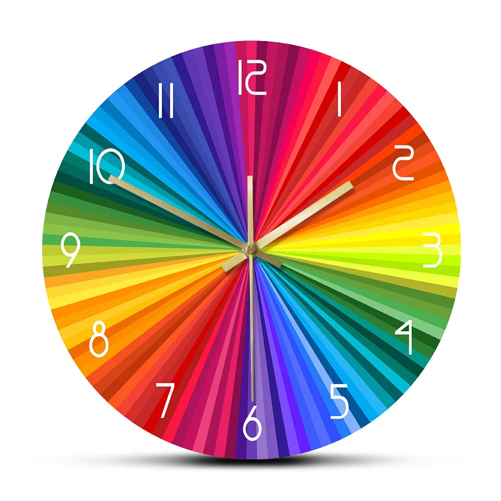 Bright Rainbow Ray Colorful Printed Wall Clock Rainbow Color Wheel Modern Abstract Home Decor Nursery Kid Room Silent Wall Watch