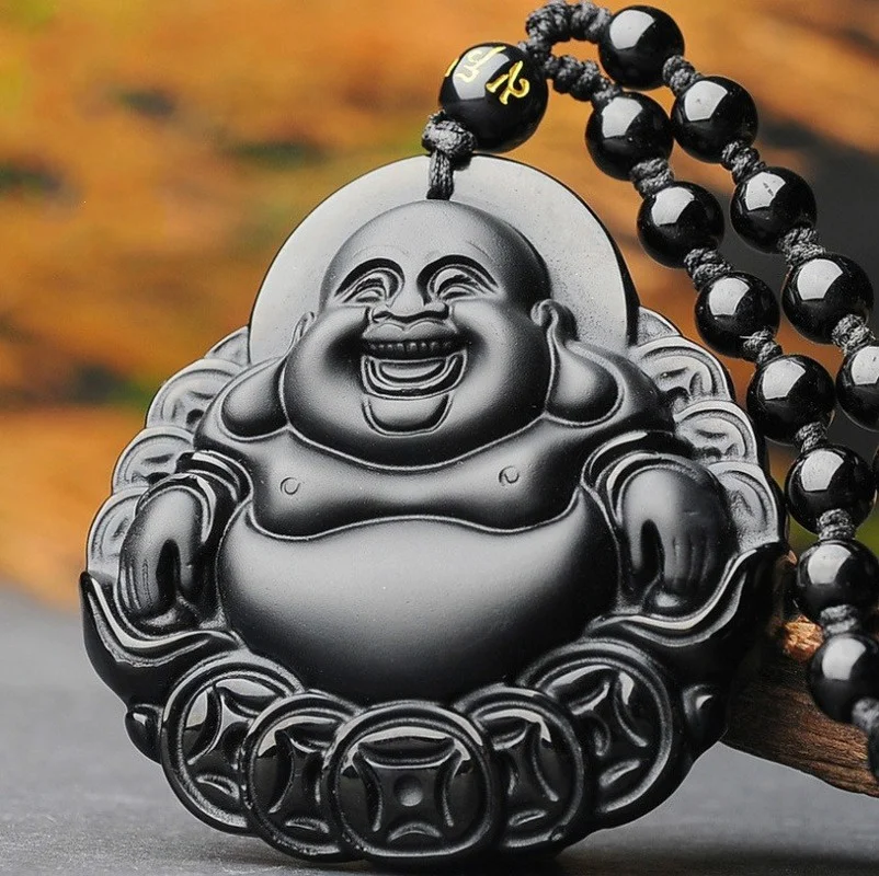 Natural Black Obsidian Money Buddha Pendant Necklace Chinese Hand Carved  Accessories Amulet for Men Women Fashion Jewelry