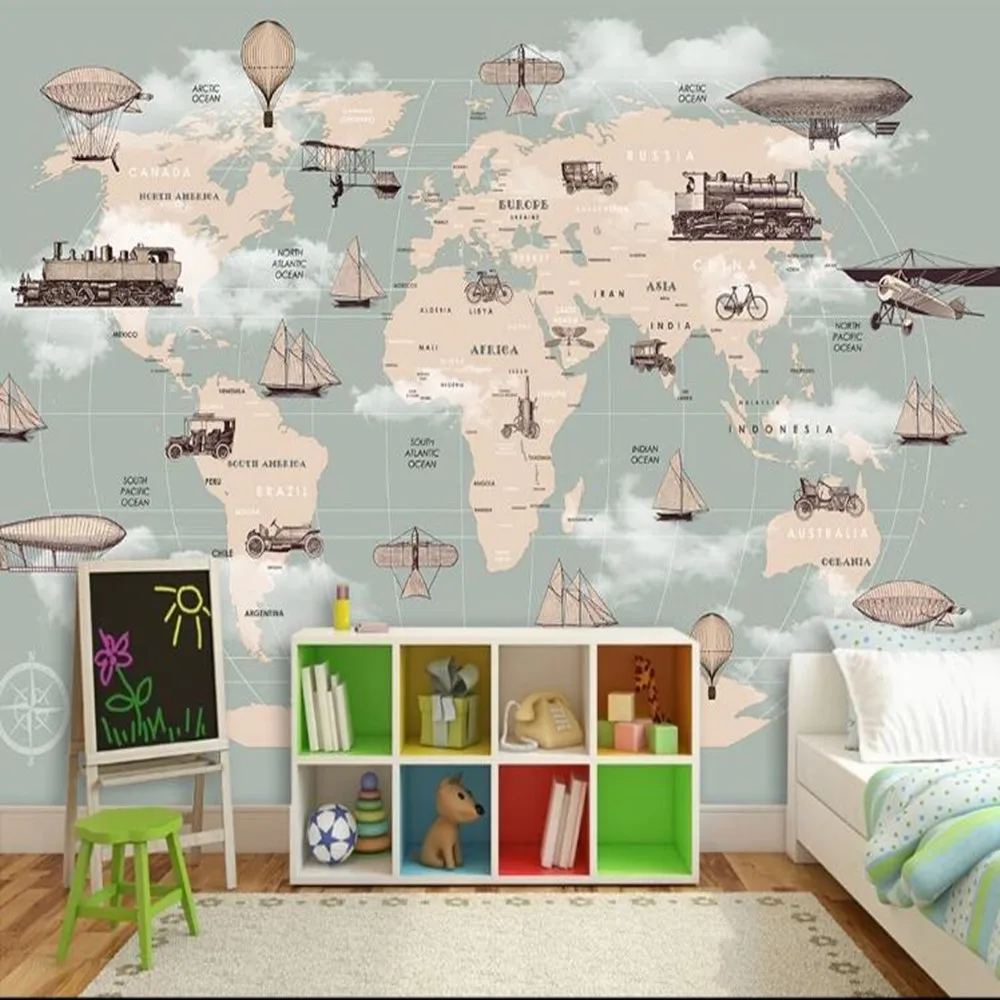 Milofi Customized 3D Nordic Cartoon Hot Air Balloon World Map Large TV background wallpaper mural