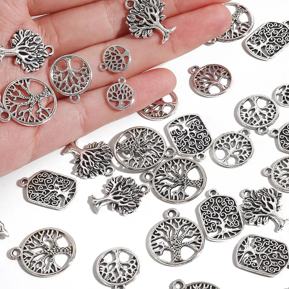 10-30Pcs 5 Size Hot Charms Life Dreaming Trees Finding Ancient Silver Plated Round Square Shape DIY Bracelet Pendant Necklace