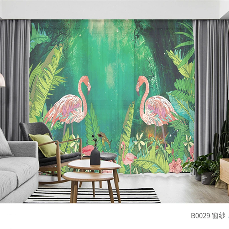 

Custom Chiffon Curtain Window Drape for Nursery Kids Children Living Room Flamingo Palm Leaves Green Khaki Gray Brown Pink Blue