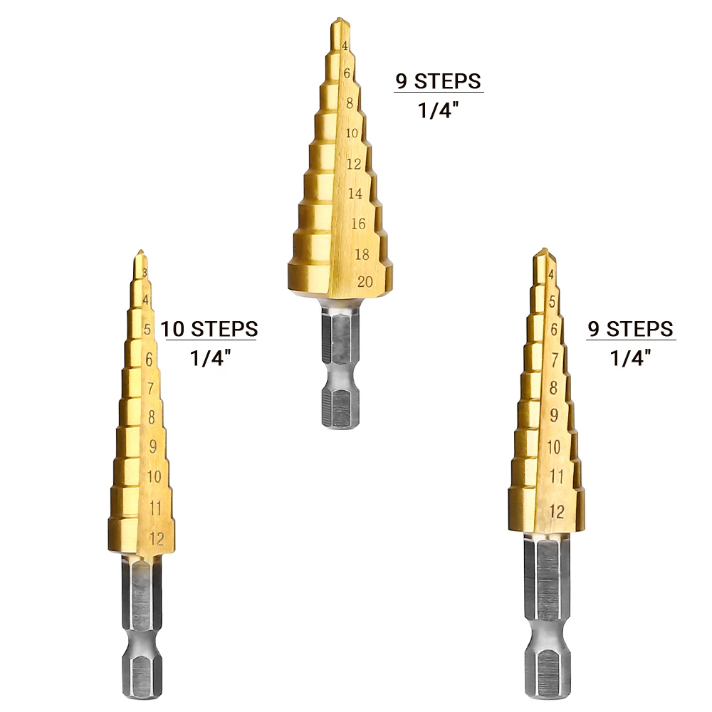 3Pcs/set 3-12mm 4-12mm 4-20mm HSS Straight Groove Step Drill Bit Titanium Coated Wood Metal Hole Cutter Core Drilling Tools Set