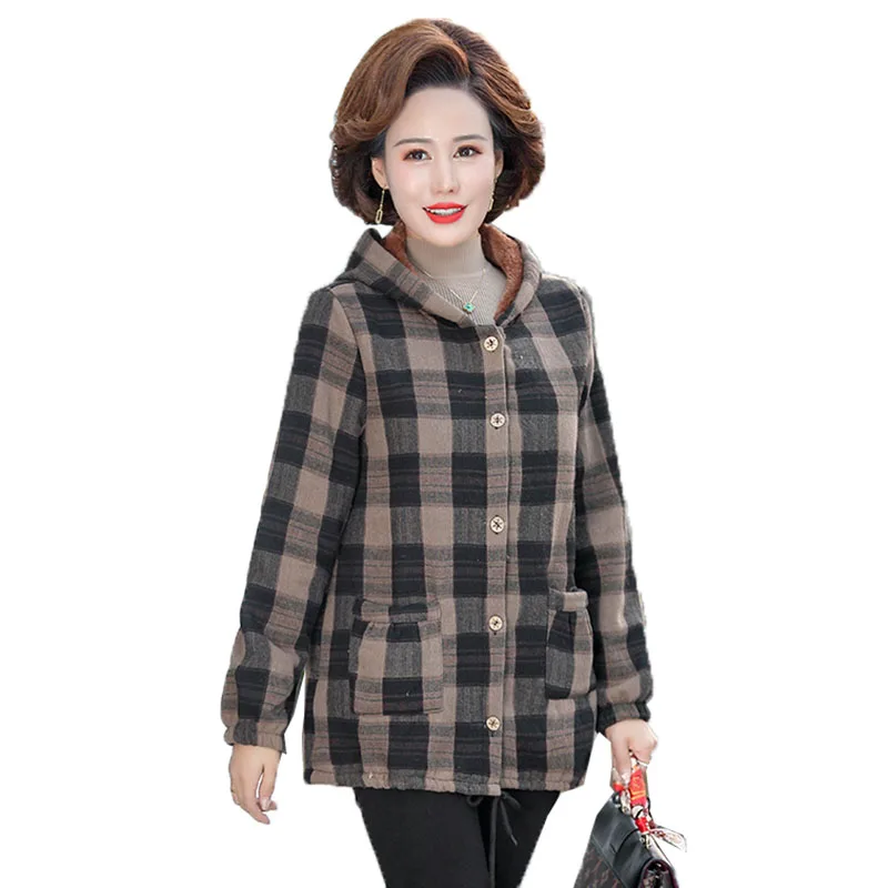 

Middle-aged and Elderly Women's Cotton Coat Autumn Winter Add Thick Velvet Warm Jacket Single Breasted Hooded Outwear Parkers