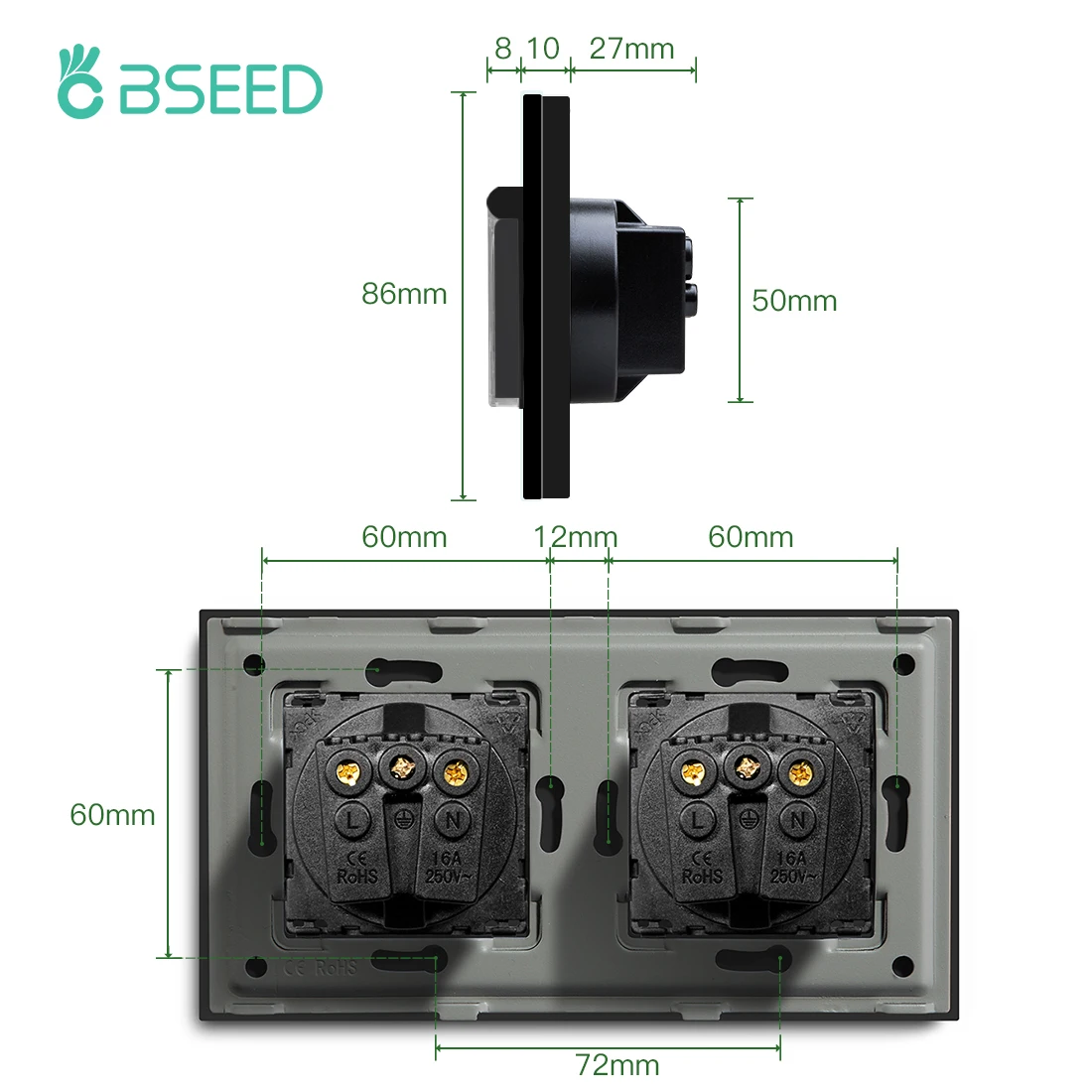 BSEED Waterproof Double Socket EU Standard Wall Socket 16A White Black Gloden Crystal Glass Panel Wall Socket 110V-250V