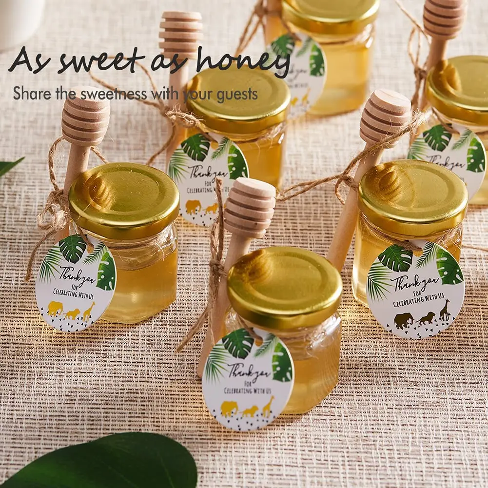 Glass Honey Jar with Gold Lid, Wood Honey Dipper, Thank-You Tag. Gifts for Baby Shower, Birthday, Wedding and Holidays