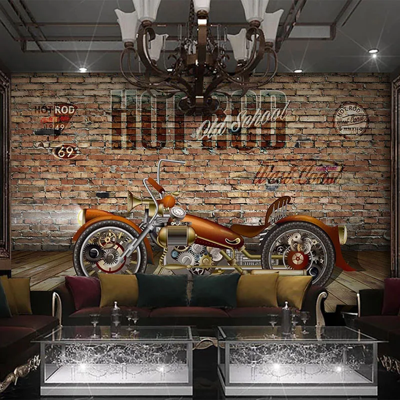 Custom Photo Wallpaper Retro 3D Stereo Motorcycle Brick Wall Mural Restaurant Cafe Background Wall Decor Papel De Parede Fresco