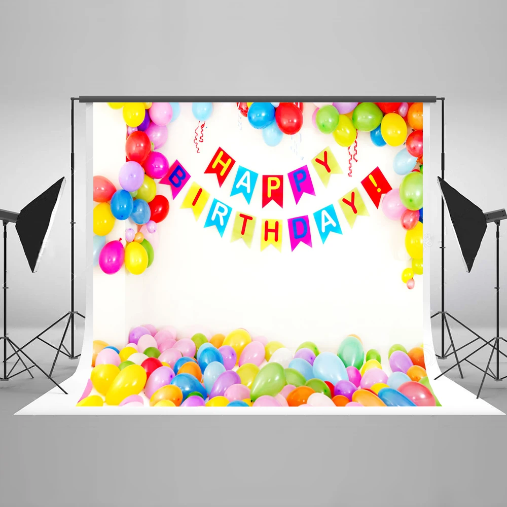 

VinylBDS Happy Birthday White Background For Newborn Birthday Photocall Fundos Para Studio Porta Colorful Balloon Custom Made