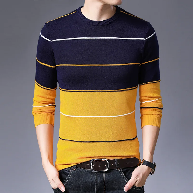 2024 Men's   Two-Tone Sweater Teenagers round Neck Solid Color Striped Sweater