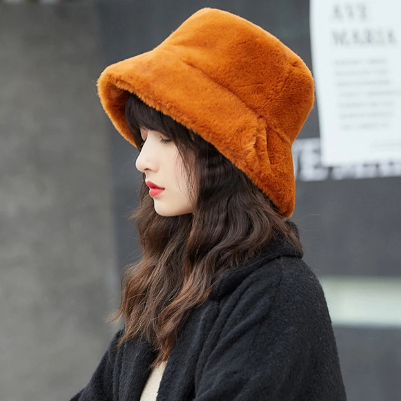 

HT2781 Fashion Women Hat Ladies Thick Warm Autumn Winter Hat Female Flat Top Elegant Bucket Cap Packable Soft Fleece Bucket Hat