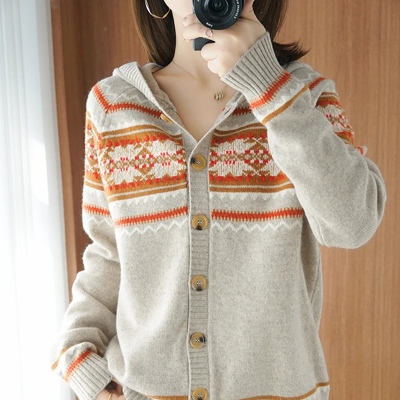 

2021 New Women's Wool Cardigan Hooded Small Jacket Color-blocking Button Knit Cardigan Loose Large Size Ladies Top