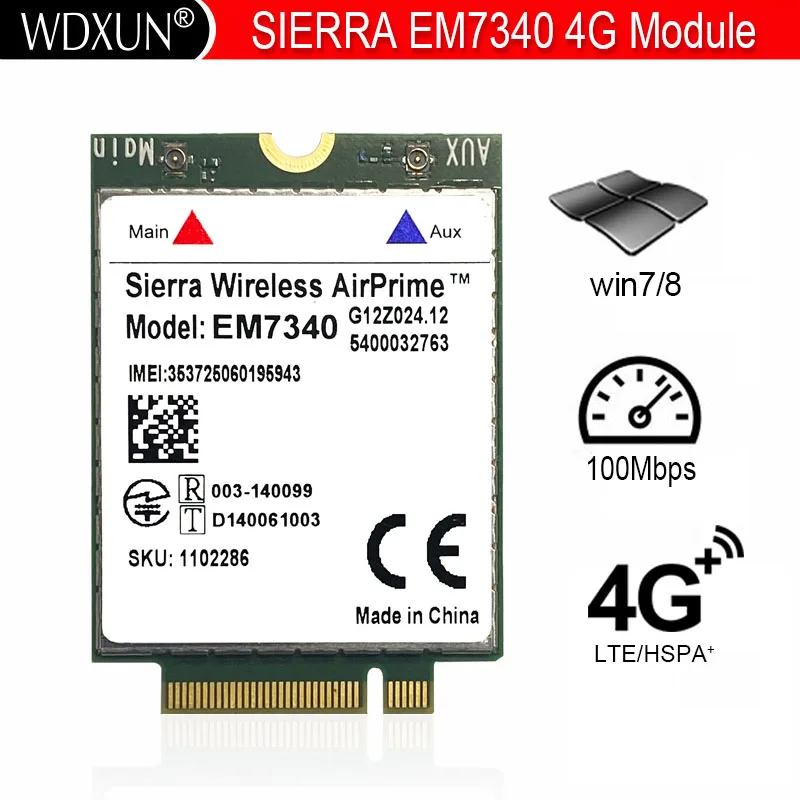 Sierra Không Dây AirPrime EM7340 4G LTE Thẻ FDD-LTE HSPA + Tốc Độ 100 Mbps Cat3 Mô Đun Intel XMM 7160