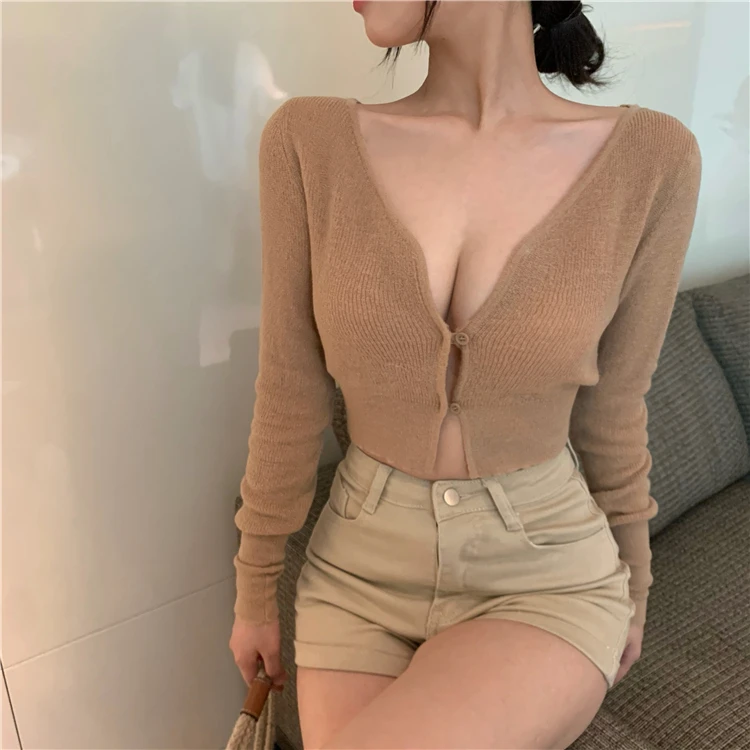 3 colors korean style Women spring Autumn v neck short Slim Cardigans Sweater coat Female Outwear Knitted Sexy tops (RA33