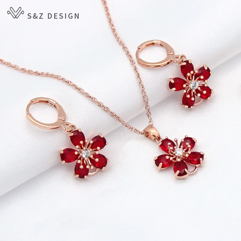 S & Z DESIGN New Fashion simpatici fiori rossi zirconi cubici orecchini pendenti set di gioielli collana con ciondolo per gioielli da sposa da donna