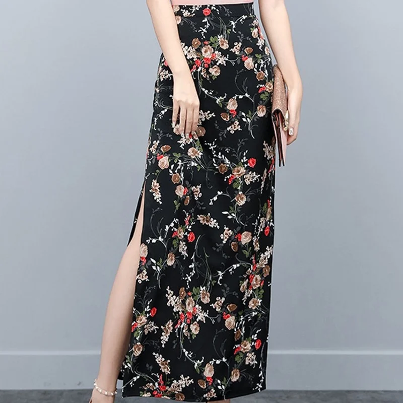 

Chiffon New Flowers Skirt Womens Fashion Slim High Waist Skirt Split High Quality Korean Style Elegant Ankle-Length Skirt