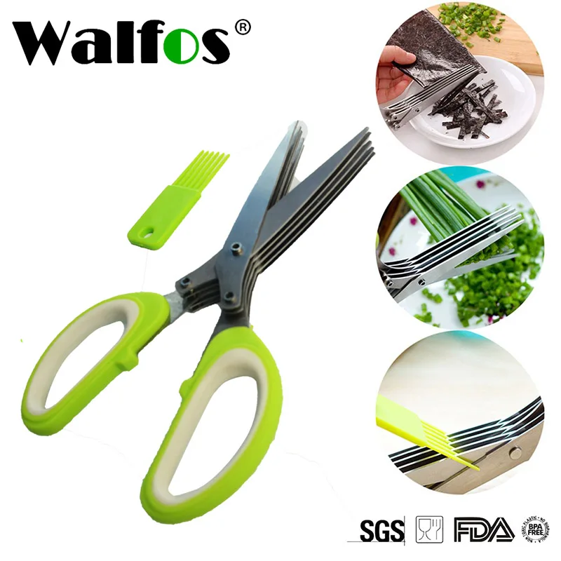 

WALFOS Multi-Functional Stainless Steel Kitchen Knives 5 Blades Scissors Sushi Shredded Scallion Cuttter Herb Spices Scissors